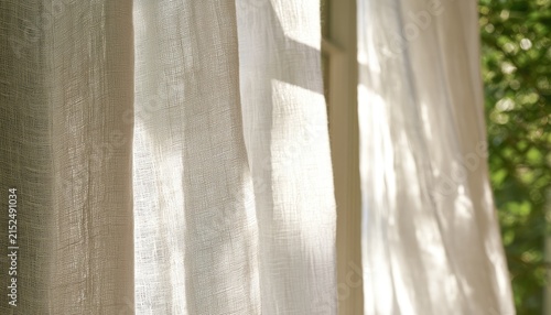 Soft, sheer fabric drapes gently, filtering sunlight, revealing dappled outdoor greenery