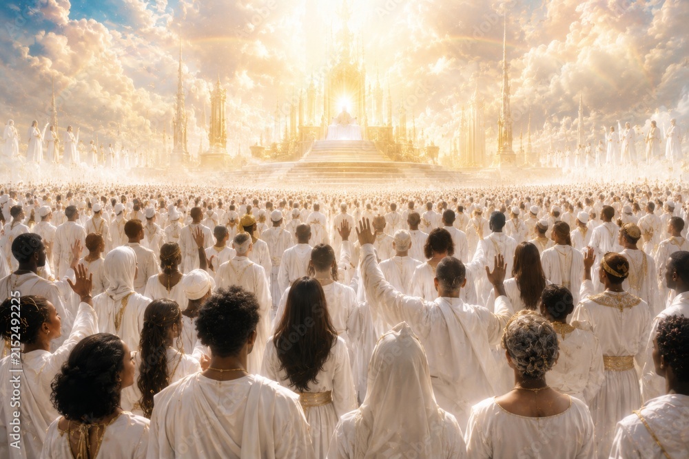 Obraz premium Multitude of man and woman in white clothing gathered before golden city in heaven. Spiritual worship of crowd with hand raised. Biblical scene of divine glory and eternal afterlife.