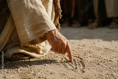 Man wearing robe drawing with finger in desert sand. Biblical scene depicting Jesus writing on ground. Spiritual historical reenactment of ancient times. Religious faith and teaching.