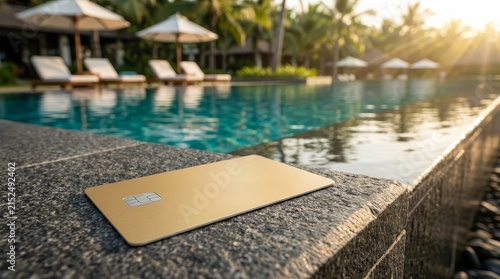 A golden credit card rests on the edge of a blue swimming pool at a luxury resort.