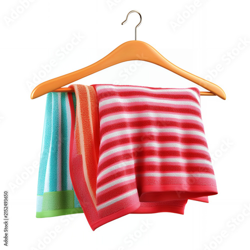 Two striped bath towels hang neatly on a wooden clothes hanger, ready for use after a refreshing shower