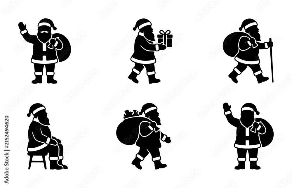 Fototapeta premium 70 Santa Claus Silhouette Icons, Festive Christmas Character Poses, Winter Holiday Vector Graphics Set 100