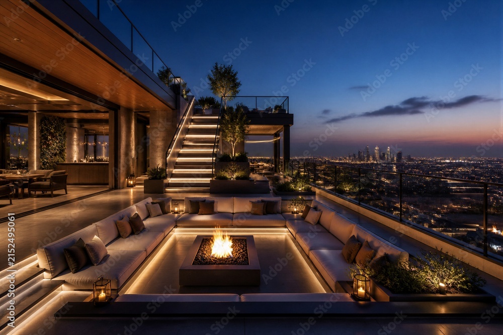 Fototapeta premium Rooftop lounge seating recessed around fire pit at dusk