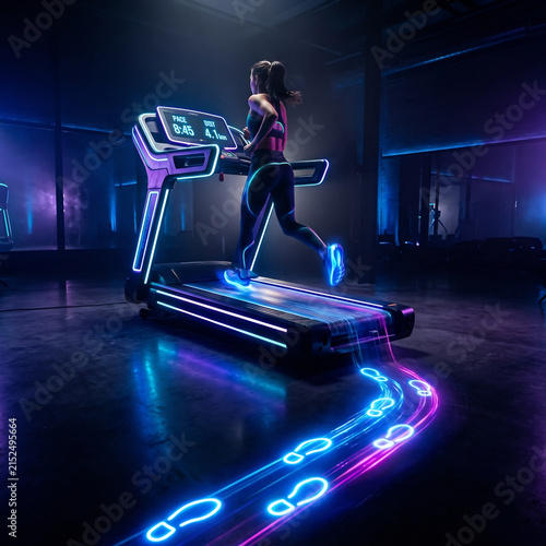 A young women running on treadmill, fitness and gym model neon art 