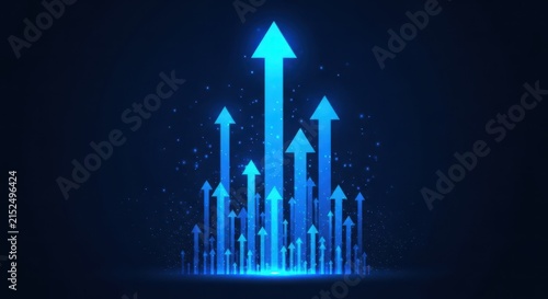 Multiple glowing blue arrows pointing upwards representing success and rapid financial growth trends