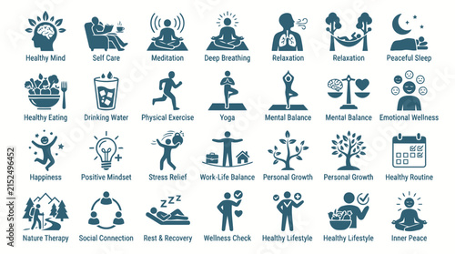 Wellness and healthy lifestyle icons for mind body and soul including meditation yoga relaxation.