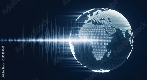 Glowing digital globe with sound wave frequency lines on dark background, for global communication