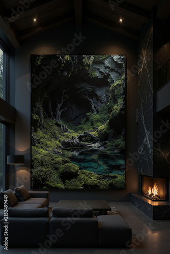 Large wall art shows a cave with green moss and a blue pool in a modern living room with a fireplace