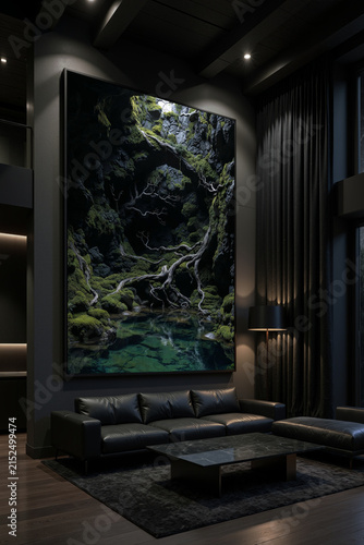 Living room with dark walls and large artwork of forest scene with water