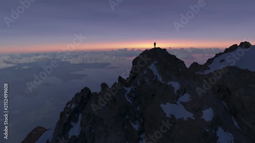Majestic Sunrise View from a Mountain Peak, a Lone Figure in a 3D Rendered Landscape