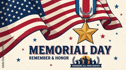 A vivid Memorial Day banner with the American flag and a gold star medal. The concept highlights patriotism, military honor, and remembrance, ideal for commemorative events. Generative AI.