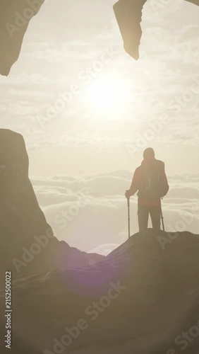 Adventurous Hiker Stands on Mountain Peak, Overlooking a Sea of Clouds with Sunbeams and Dynamic 3D Rocks