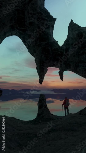 Adventure Awaits: Hiker Views Stunning Sunset Through a Natural Rock Arch, 3D Render