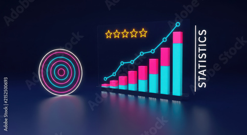 Neon statistics chart with five stars rating and target on a dark blue background surface