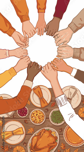 Bright Semi Realistic Vector Illustration Of Diverse Multigenerational Family Hands Joined Around Thanksgiving Table For Gratitude, Holiday Meal And Togetherness