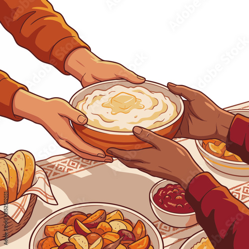 Bright Semi Realistic Vector Illustration Of Hands Passing Bowl Of Creamy Mashed Potatoes Across Festive Thanksgiving Table On White Background, Sharing Meal Concept