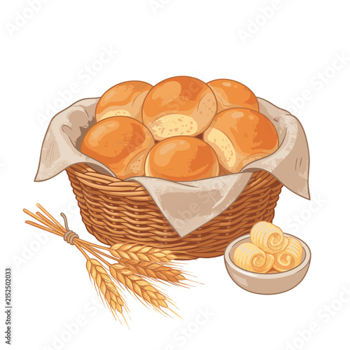 Bright Semi Realistic Vector Illustration Of Golden Dinner Rolls In Linen Lined Woven Basket With Butter Curls And Wheat Accents On White Background For Thanksgiving Bread