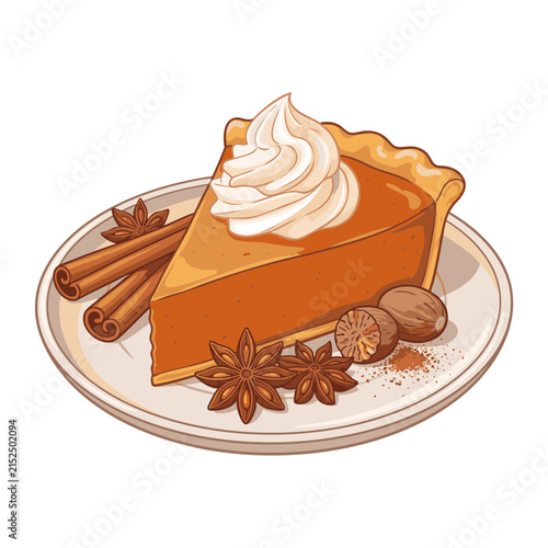 Bright Semi Realistic Vector Illustration Of Pumpkin Pie Slice With Whipped Cream Swirl Cinnamon Nutmeg And Autumn Spices On White Background For Thanksgiving Dessert