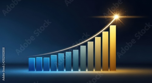 Bar chart with rising blue to gold gradient columns and a glowing trend line showing success