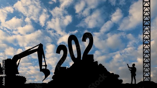 New year 2027 with silhouette construction site and worker staff team. 2D Animation. 4K. New Year concept 2026 to 2027 with clouds time lapse.