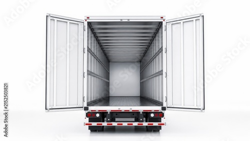 Empty white semi truck trailer stands open for loading on bright background.