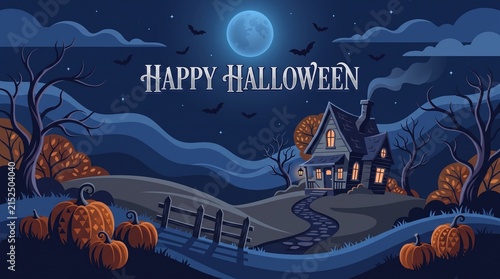 Happy halloween spooky haunted house and pumpkin patch