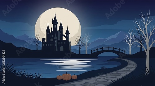 A dark castle on a hill under a full moon, with a winding path and a bridge over a still lake, evoking a sense of mystery and enchantment