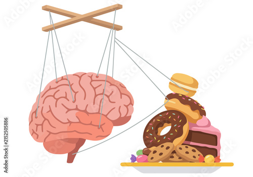 Foto A stylized illustration depicts dopamine hijacking, with food triggering a brain puppet