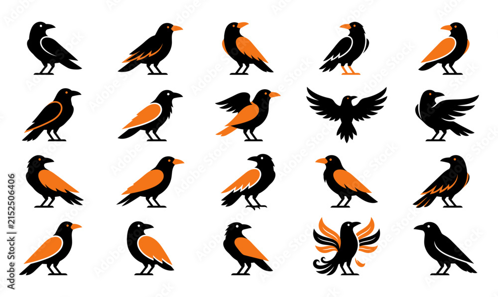 Obraz premium A collection of stylized black and orange crow icons showing various poses and silhouettes for graphic design projects and creative branding elements