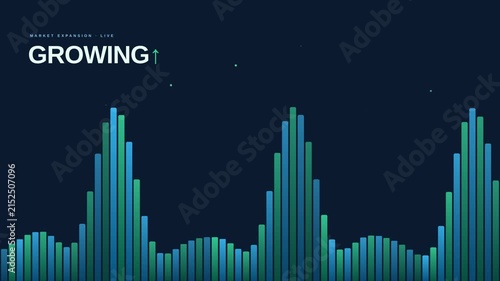 Dynamic motion of growing digital bar chart representing data increase in a futuristic style.