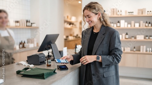 Smiling woman making a contactless smartphone payment at a minimalist beauty shop checkout counter