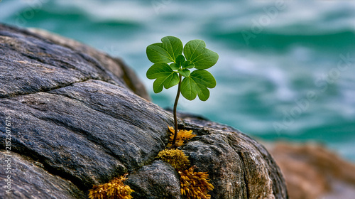 Green Seedling Growing From Stone Crevice Against Coastal Ocean Background