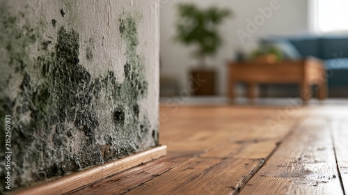 Dark mold growth on a textured wall next to a wooden floor