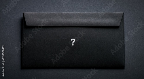 A closed black envelope with a white question mark printed on it