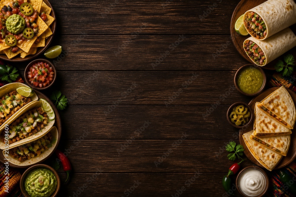 Fototapeta premium Mexican taco and wrap spread framing empty wooden table
