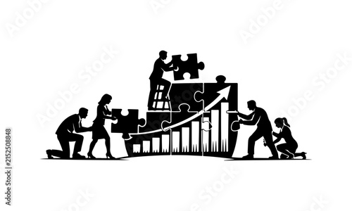 Business team assembling puzzle pieces that form a rising financial graph