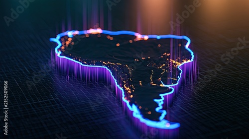 Illuminated South America map with glowing data streams and city lights
