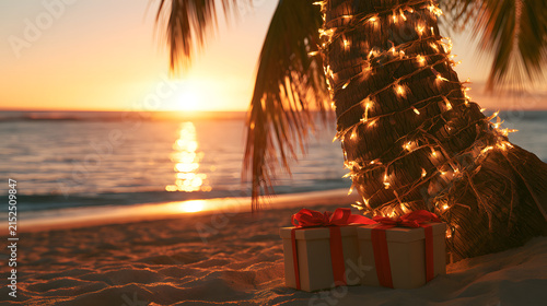 A tropical beach at sunset featuring a palm tree adorned with twinkling Christmas lights, two gift boxes tied with red ribbons on the sand, all imbued with a joyous, holiday atmosphere beside the sea.