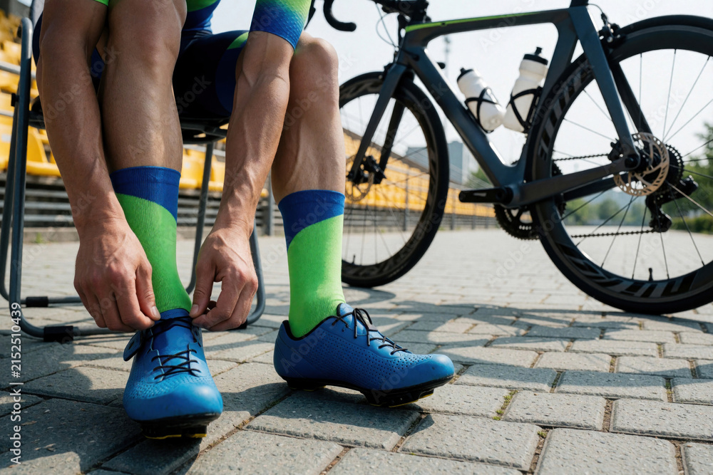 Fototapeta premium Athlete ties blue cycling shoe near carbon race bike ready for competition. Muscular legs wear green blue socks. Rider prepares for intense road cycling race.