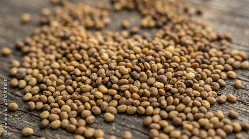 Obraz premium Close-up of a pile of small brown alfalfa seeds scattered on a rustic wooden surface, highlighting their texture and natural appearance.