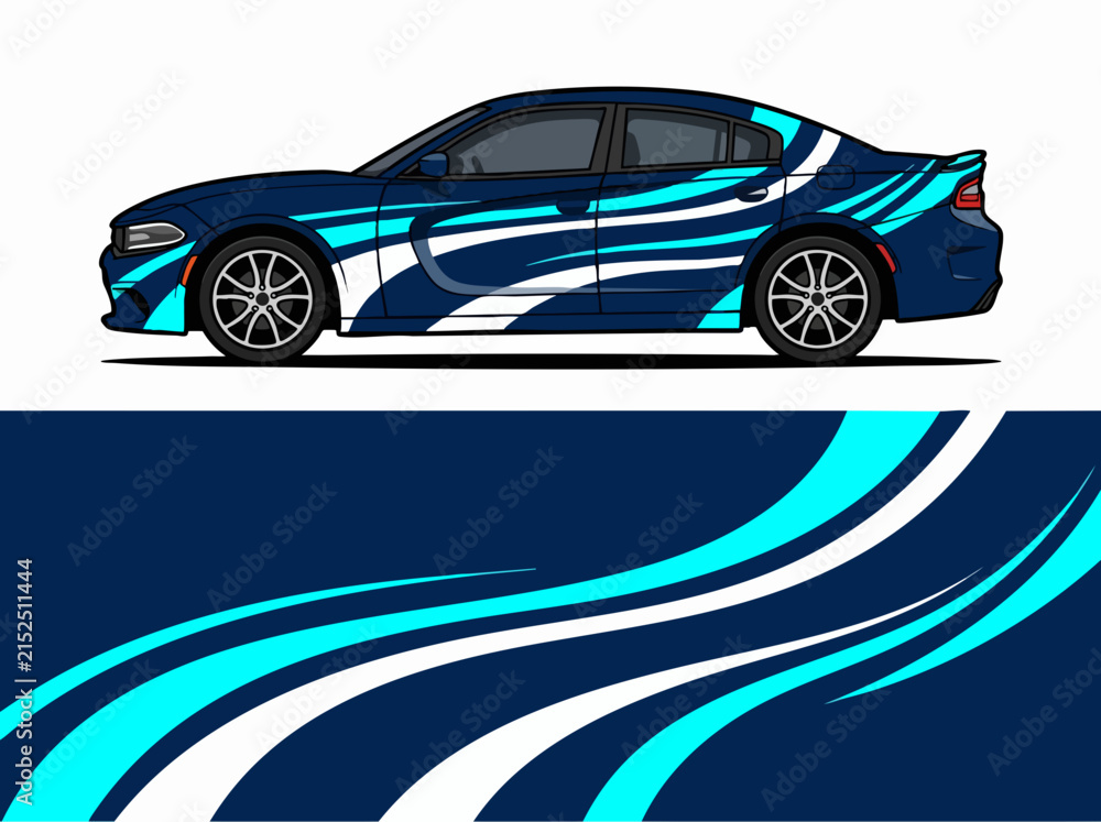 Naklejka premium Blue sports car with dynamic wave design illustration