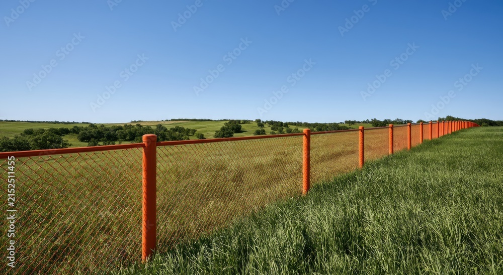 Fototapeta premium Orange-posted fence divides vibrant green fields under a vast, clear blue sky