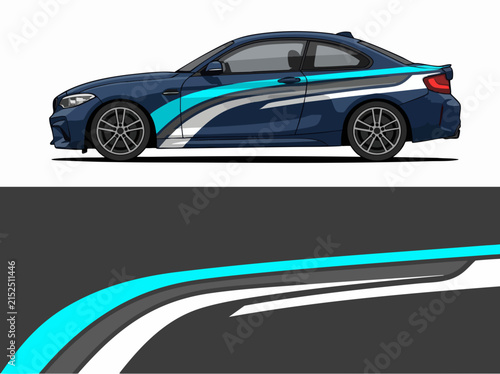 Blue sports car with racing stripes on curved road