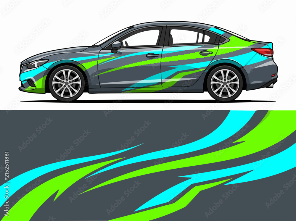 Naklejka premium Sleek Gray Sedan with Abstract Green and Blue Design