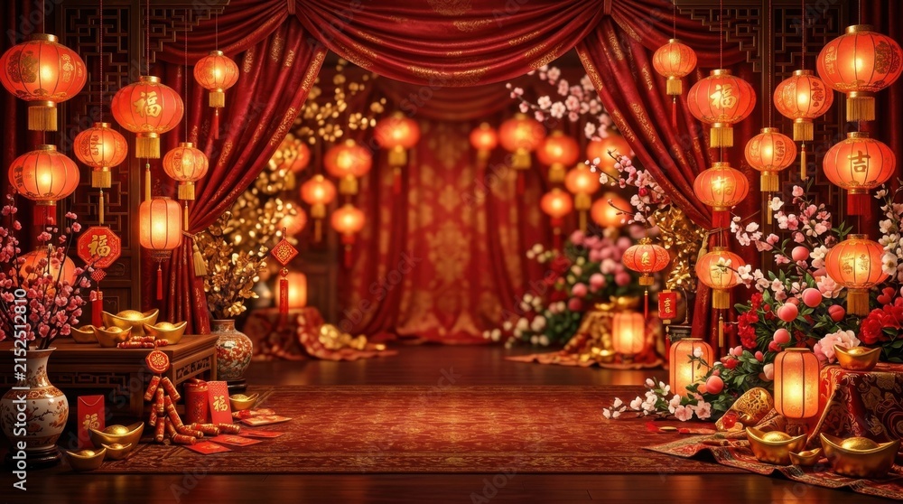 Fototapeta premium Elegant Chinese New Year Celebration Stage with Red Lanterns and Floral Decorations.