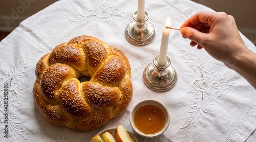 Hand lighting a candle beside round challah honey and apples on a Rosh Hashanah table