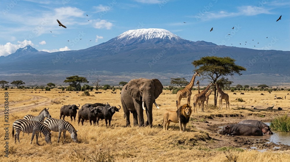 Obraz premium African Wildlife Panorama with Elephant, Lion, Zebra, and Giraffe under Mount Kilimanjaro, Tanzania