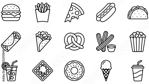Cuadro en lienzo Set of black and white fast food icons including burger pizza taco and snacks fo