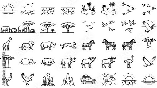Photography Collection of black and white safari animal icons and wild nature symbols