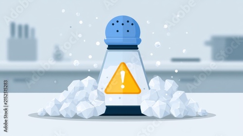 Salt container with warning sign in kitchen setting
